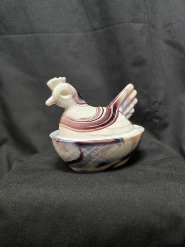 Vintage Hsinchu Amethyst and White Slag Glass Hen On A Nest Salt Cellar