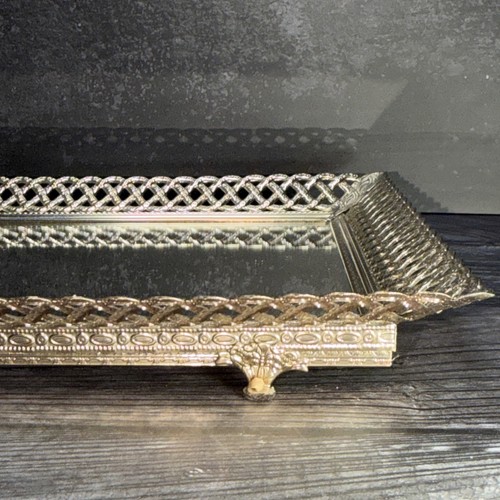 Vintage Ormolu Mirrored Vanity Tray Gold Filigree Dresser Hollywood Regency 15"