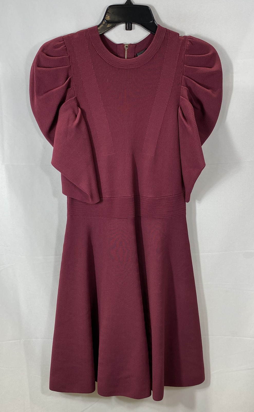 Ted Baker Women's Llorna Scallop Puff Sleeve Skater Dress Burgundy Sz 3 US 8