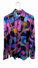Versace Jeans Couture Men's M Long Sleeve Satin Viscose Geometric Shirt Purple