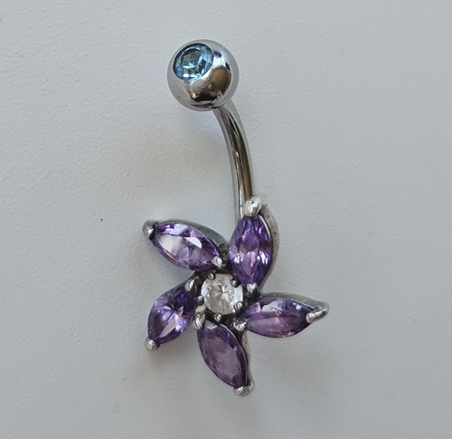 Vintage Y2K 925 CZ Lila Blume Bauchnabel Ring