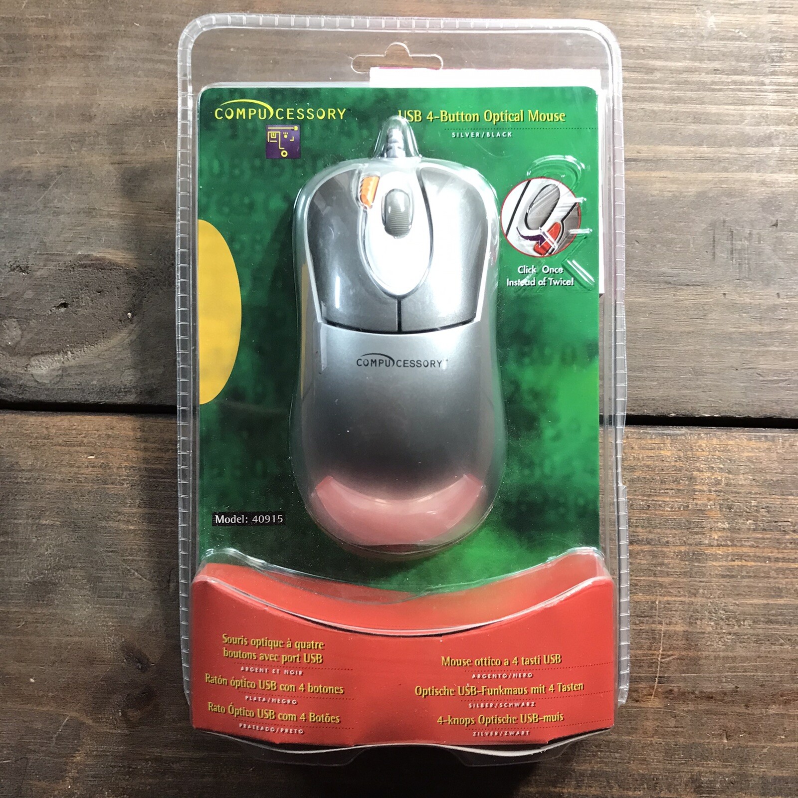 NOS Compucessory USB Wired 4Button Optical Mouse Silver Vintage Office