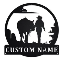 Customized Cowgirl Walking with Horse Farmhouse Ranch Metal Name Sign Wall Art
