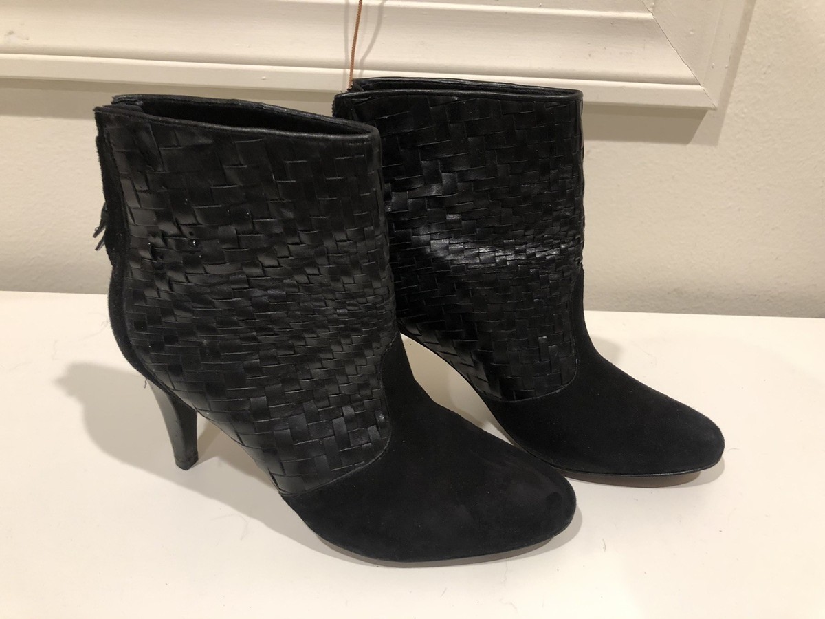 COLE HAAN - BLACK LEATHER WOVEN ANKLE BOOTS BOOTIES - BASKET 