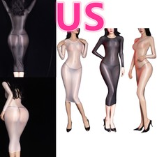 US Women's Sexy Semi See Through Sheer Bodystocking Oil Shiny Bodycon Midi Dress