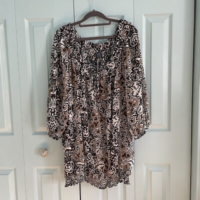 Faded Glory Women s Sheer Blouse Top 4X 3/4 Sleeves Paisley Neutral Tone