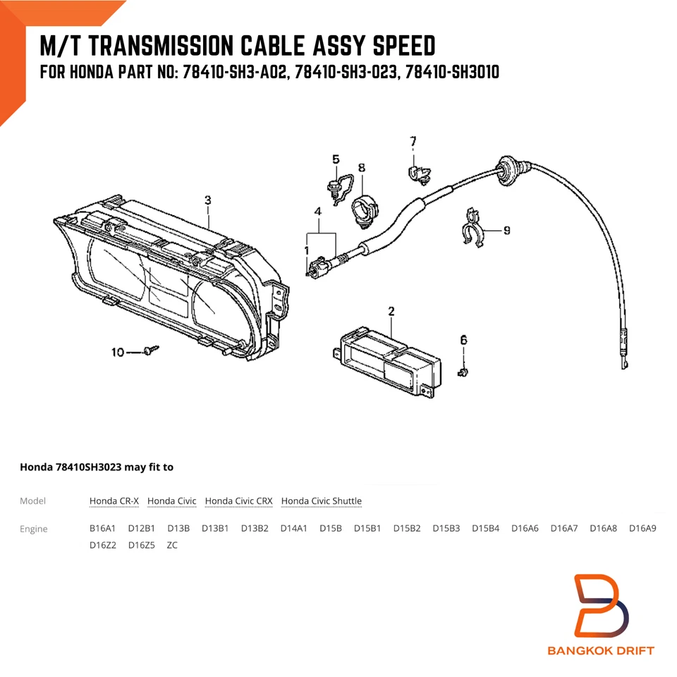 Speedometer Cable Assy For Honda Civic CR-X City 88-91 KE KQ KT KU 78410-SH3-023 - Image 2 of 4