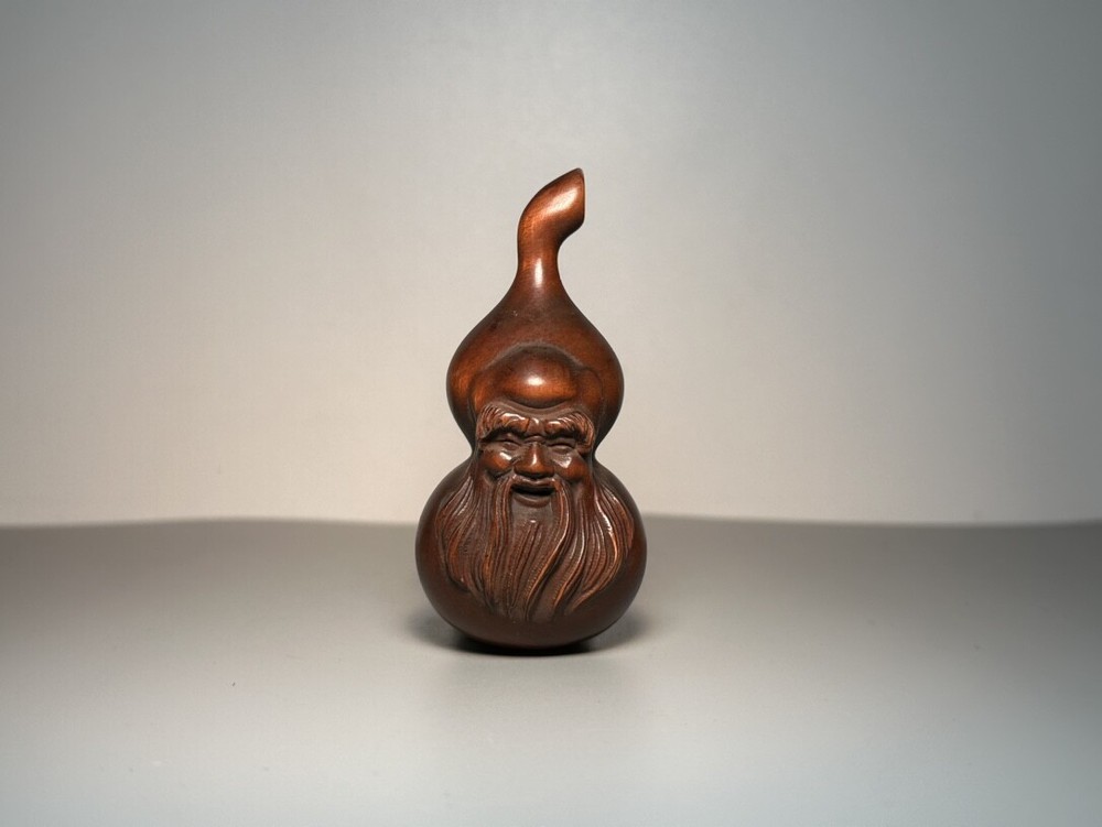 Old Wooden Carving Longevity Star Gourd Statue, Longevity Elderly Ornament