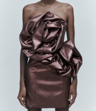 ZARA VOLUMINOUS FLORAL METALLIC BROWN DRESS.  UK L