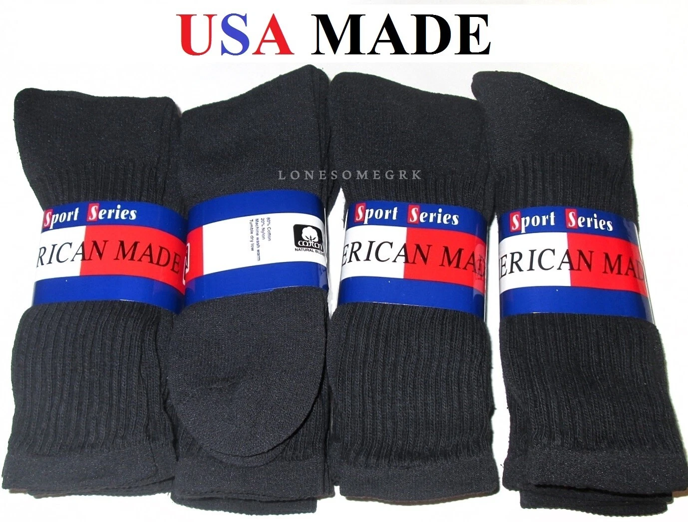 12 Pairs Mens USA Made Sport Series Black Cotton Crew Socks Medium Weight