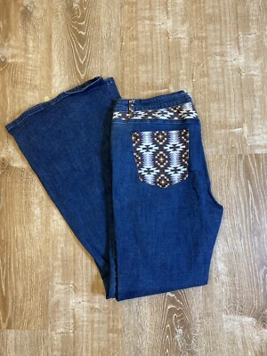 Ranch Dress'n Boot Cut Jeans Women Flare Blue Denim Aztec Print 24