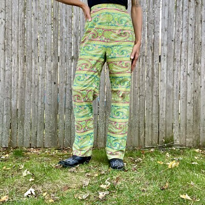 Vintage 1960s Pants Trousers Slacks Green Pink Paisley Cotton 22