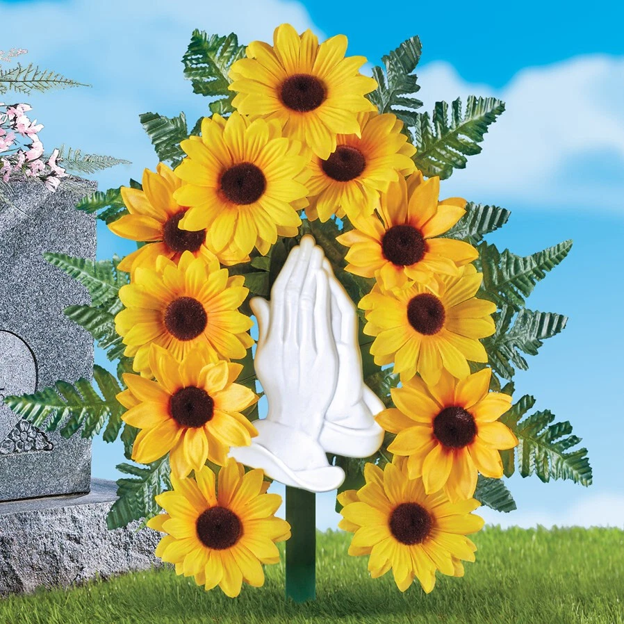 Sunflower w/ Praying Hands Memorial Garden Stake Arrangement Cemetery Yard Decor - Image 3 of 3