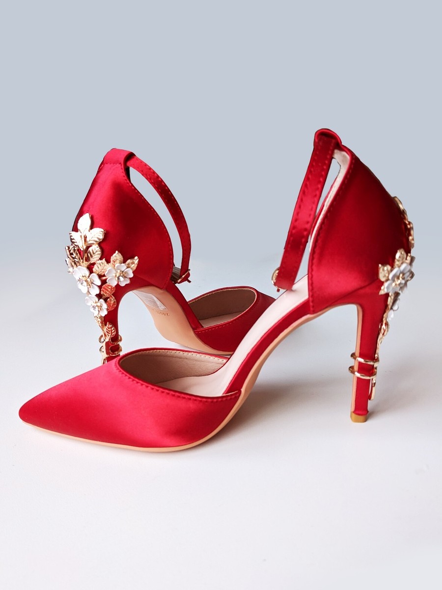Red Satin Gold Metal Floral Heel Stiletto High Heels Shoes, size