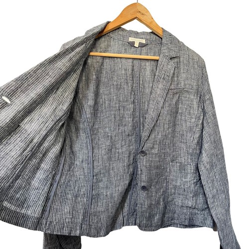 Eileen Fisher Linen Single Breasted Stripe Blazer Size S Navy Coastal Nautical - Picture 4 of 11