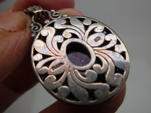 SARDA Bali Amethyst Gemstone Ornate Sterling Silver 925 Pendant Signed - Picture 3 of 6