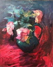 Original Stil Life "Rose on a Red Background" Oil Painting Impressionism ART