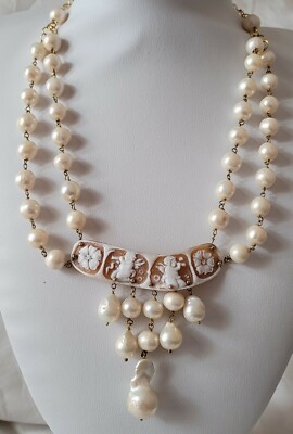 Collier Ancien En Camée Ange Avec Perles D'eau Douce Et Vermeil - Modèle 2 Rangs, Occasion