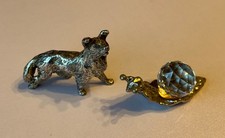 2 Small Vintage Cast Metal Silver Toned models of a Dog and a Snail