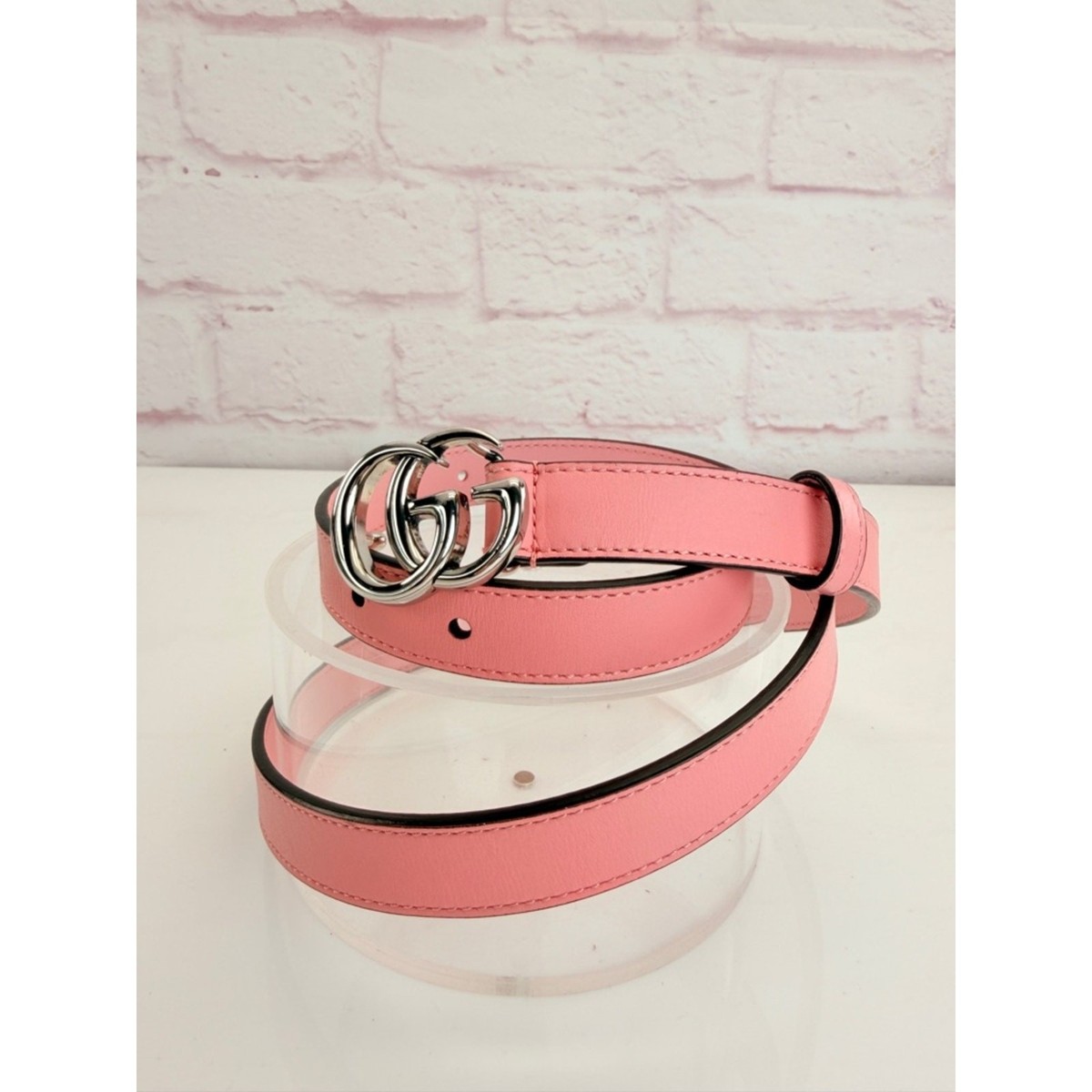Gucci Gg Marmont Slim Pink Leather Double G Belt Silver  display picture 2