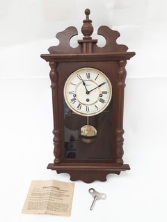 Antique Hermle German Wall Clock Brown Wooden Design With Key