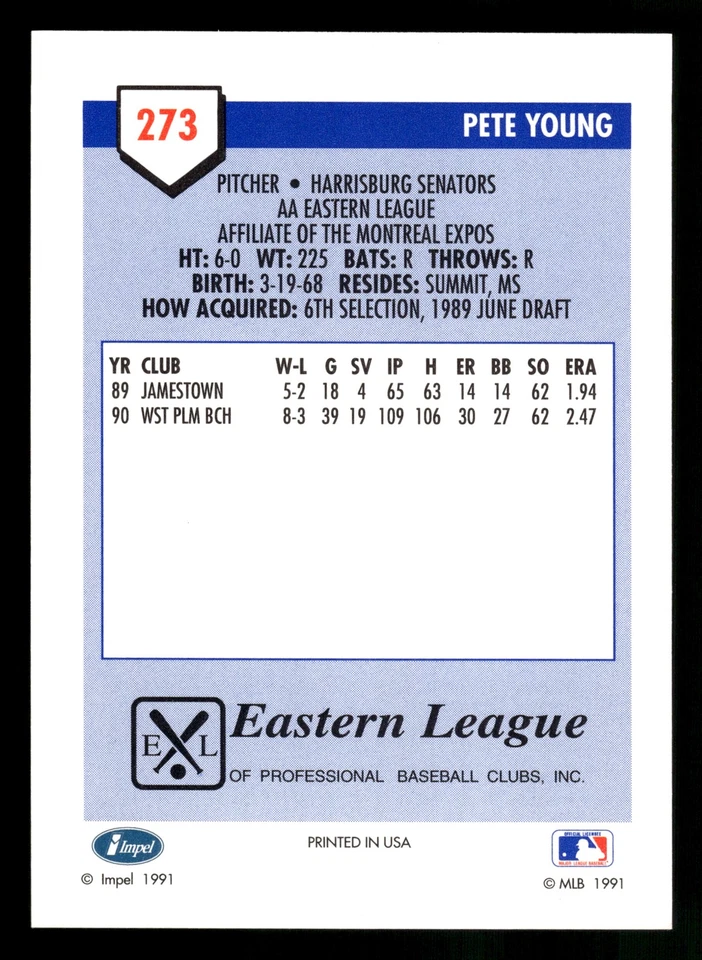 Pete Young 1991 Line Drive AA #273 Harrisburg Senators - Image 2 of 2