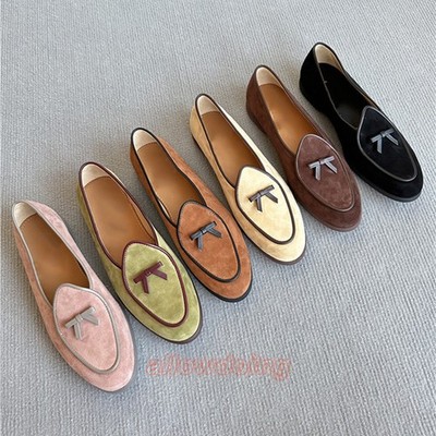 Belgian Shoe Women's Belgian Leather Velvet Bow Leather Bean Shoes Ladies