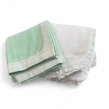 Handmade vintage Green and White Baby Receiving Blankets 2 ruffles and lace