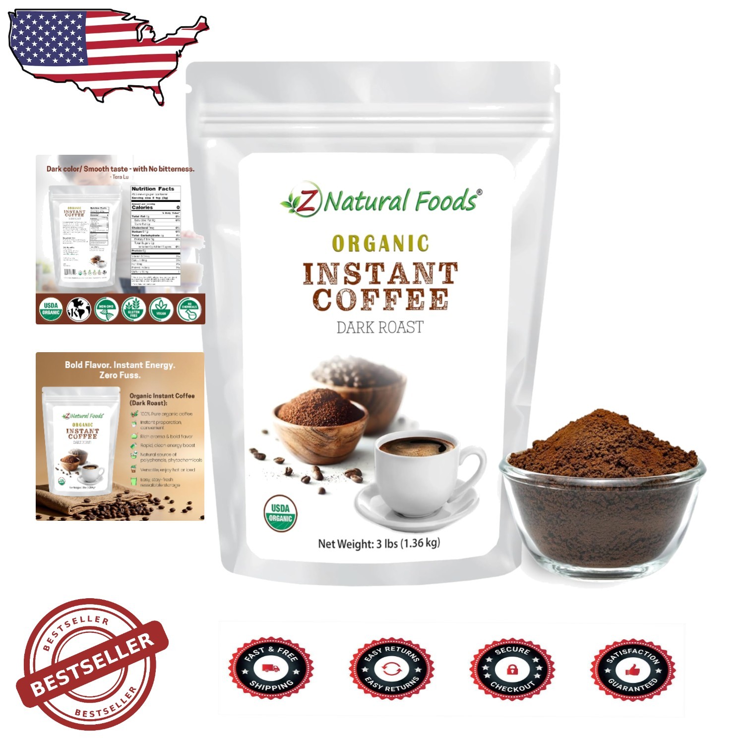 Boost Energy Organic Instant Coffee 3lb Rich Dark Roast Arab