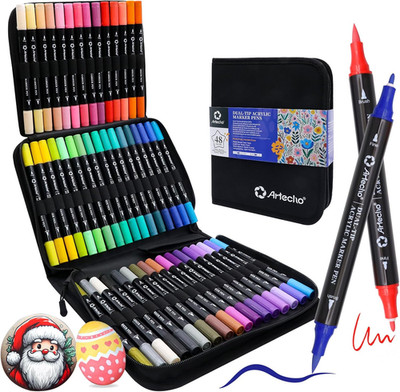 Artecho Acrylstifte 48 Farben Mit Stoffbeutel, 0.5-5Mm Wasserfester Dual Tip Mar