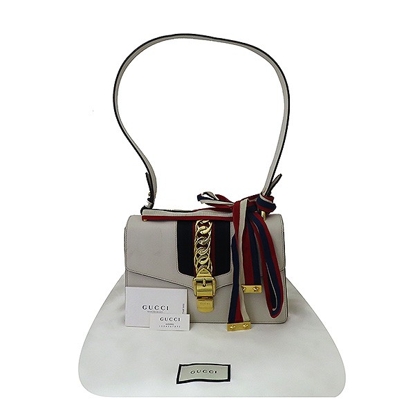 Gucci Sylvie White Leather Ribbon Shoulder Bag with Leather Strap 421882