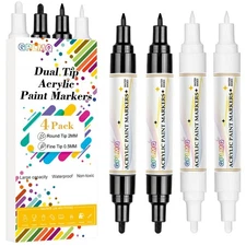 4 Pack Dual Tip Acrylic Paint Markers Pens (0.7mm & 3mm), Non-Toxic, Water-Based