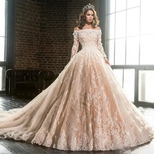 Vintage Long Sleeve Lace Appliques Wedding Dresses Bridal Gowns Off The Shoulder