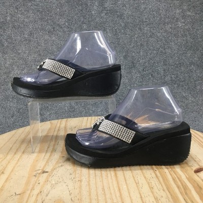 Volatile Sandals Womens 7 Casual Slip On Rhinestone Thong Wedge Black Leather