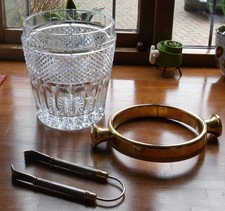 Moulded Crystal Champagne Cooler/Ice Bucket - Gilt Metal Rim & Tongs 22 cm Tall