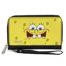 PU Zip Around Wallet Rectangle SpongeBob Biting Lip Face Centered