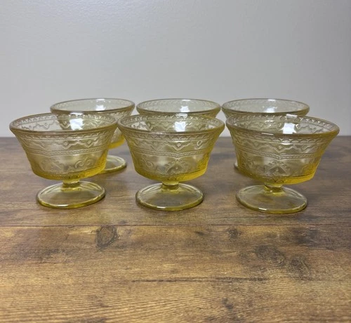 6 pc Federal Glass 1930 Depression Patrician Spoke Amber Foot Sherbet Fruit Cups