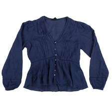 Jessica Simpson Womens Button Up Blouse Flare Comfort Long Sleeve Navy Large New