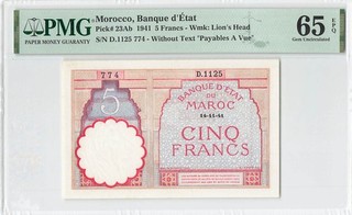 Morocco 5 Francs 1941 P 23Ab PMG 65 EPQ