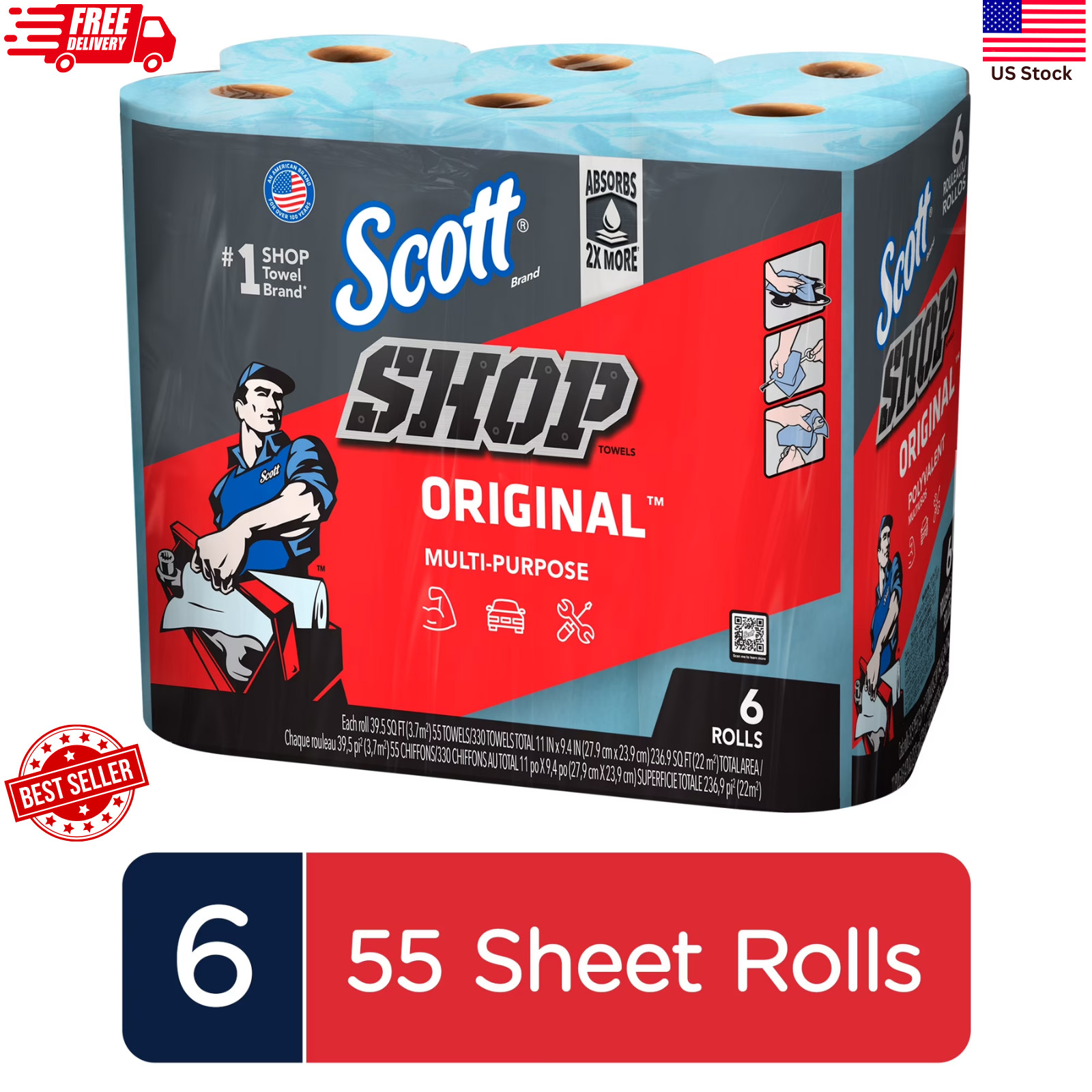 Scott Shop Towels Original Blue - 6 Rolls - 330 Total Sheets - Heavy Duty