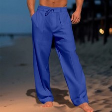 UK Trousers Long Pants Casual Pants Straight Linen Summer Men Beach Casual Daily