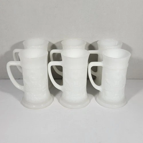 Vintage Set Of 6 Vintage Federal Milk Glass Beer Stein Mugs Tavern Scene 11 ozs