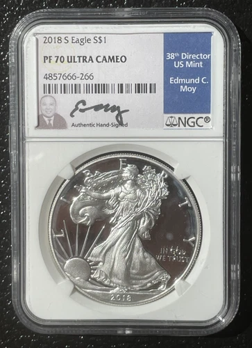 2018-S $1 SILVER AMERICAN EAGLE NGC PF70 signed EDMUND C. MOY : 06399