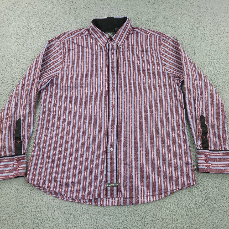Camisa de lavandería inglesa para hombre 2XL roja púrpura a rayas cachemira abotonada etiqueta negra Foto 3 de 4