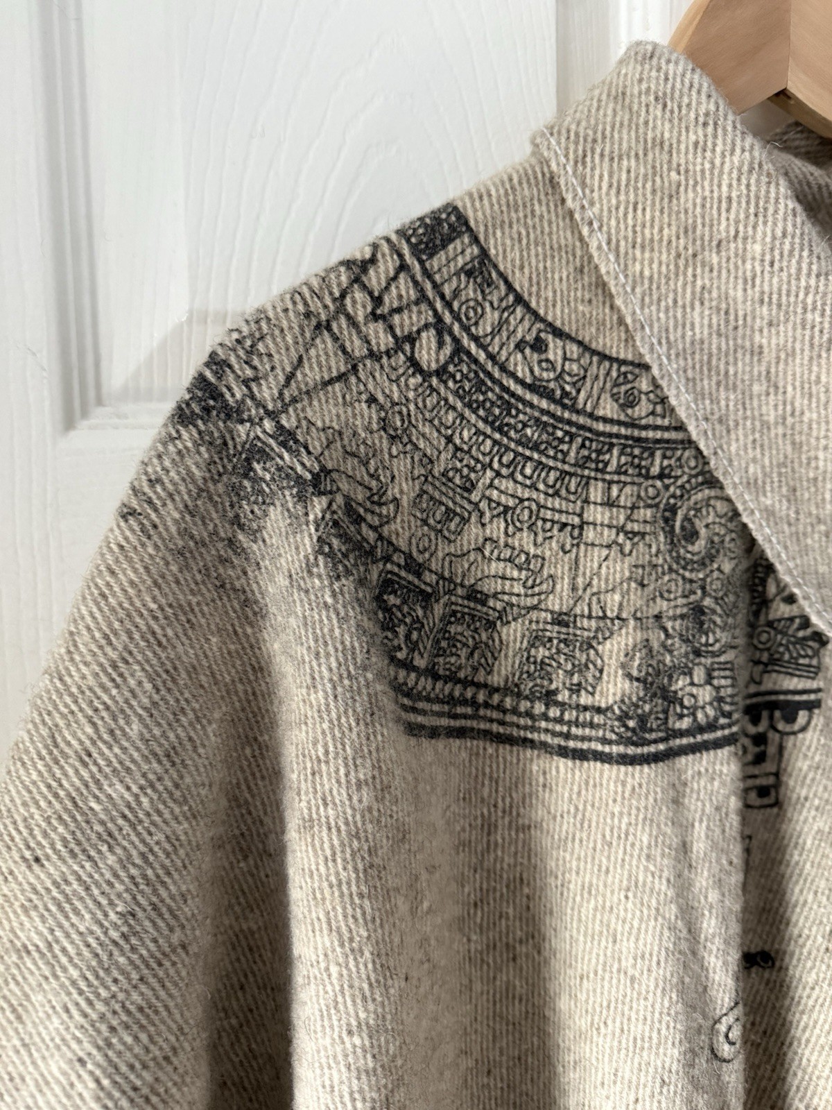 Beige Aztec Patterned Cape Collared Button Fringe… - image 3