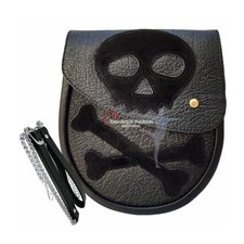 Scottish Kilt Semi Dress Sporran Genuine 100 Real Leather Black SKULL Sporran