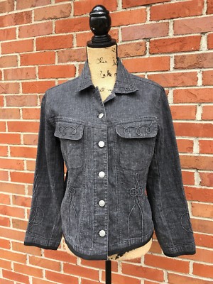 Chico's Design Jacket Black Button Up Denim Raised Detailing Womens Size 0 