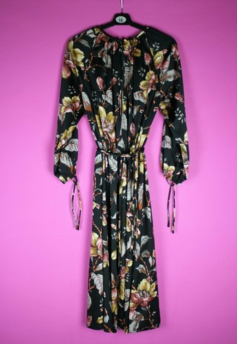 VINTAGE 70s 80s Black Floral Knee Midi Boho Retro Womens Dress Small 8 10 - Picture 9 of 12