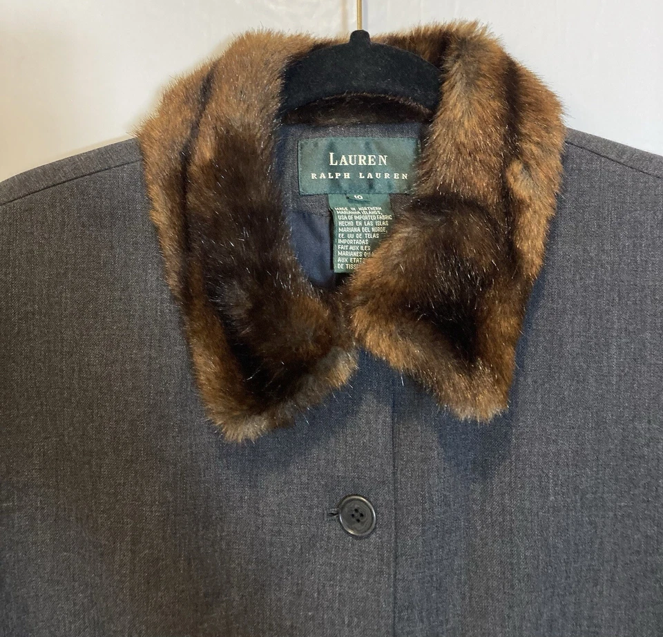 Chaqueta de lana vintage Lauren Ralph Lauren para mujer 10 gris carbón cuello de piel sintética Foto 4 de 4