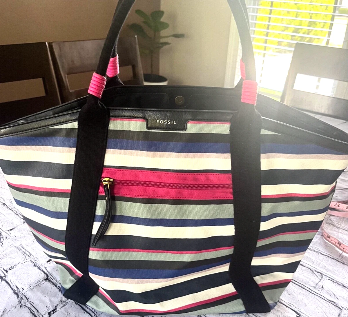 Fossil Large Multicolor Striped Tote Back Durable Pockets 